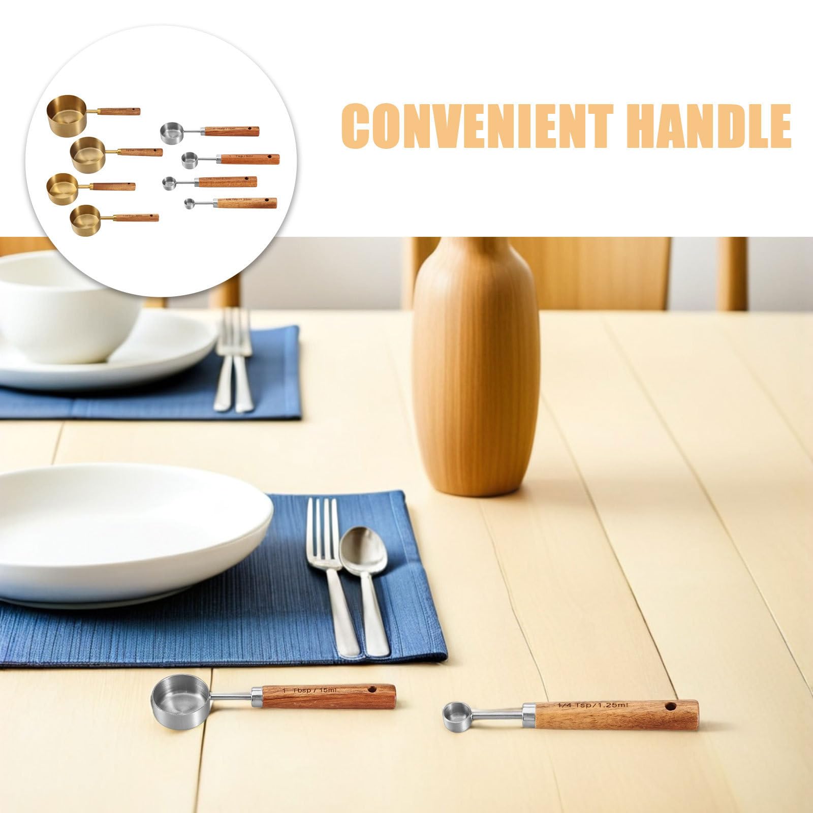 INOOMP Juego de 8 Tazas y Cucharas Medidoras de Acero Inoxidable con Mangos de Madera para Cocinar y Hornear con Medición Precisa y Durabilidad Excepcional