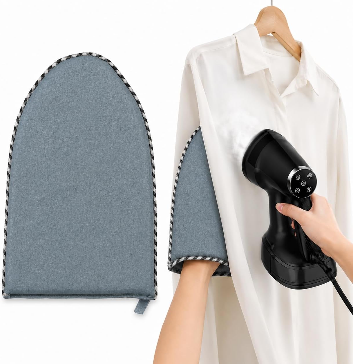 Garment Steamer Ironing Glove with Finger Loop, Heat Resistant Ironing Mitt for Handheld Steamer, Anti-Steam Garment Steamer Mitt, Steamer Accessories for Clothes, Misty Blue