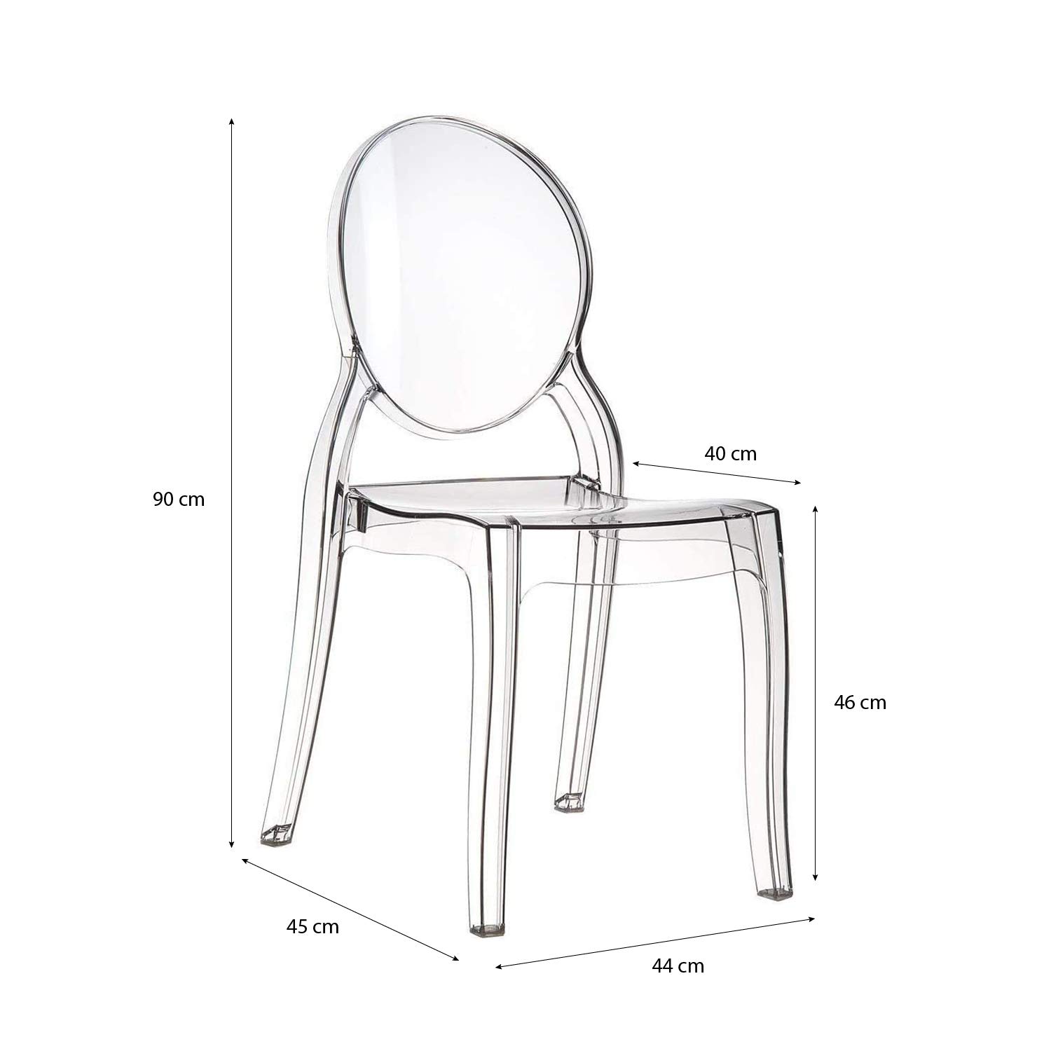 Set da 4 Sedie in Policarbonato Trasparente, Sedia per Casa Cucina Ufficio Soggiorno Salone Bar Hotel, Leggera E Resistente, Sedia Impilabile, 44 x 45 x 90, Policarbonato Trasparente