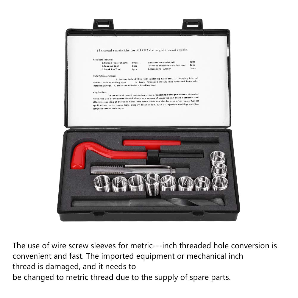 Samfoxy 15 pièces Samfox Kit de réparation de Filetage en Acier Inoxydable clé à perceuse torsadée Insert fileté pour Voiture M14x2