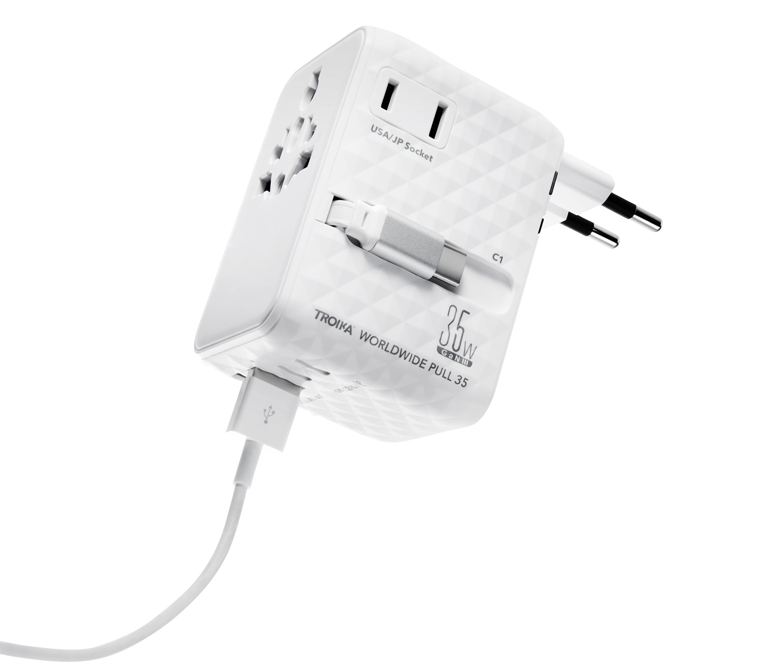 TROIKA Worldwide Pull 35 adapter podróżny na całym świecie/USA/WYŁ.UK/UK + USA/JP wraz z kablem USB-C do szybkiego ładowania i nadaje się do wszystkich powszechnie stosowanych gniazd wtykowych 5 w
