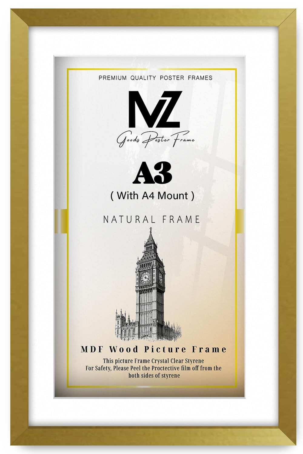 MZ GOODS | MDF Luxury Wall Décor Frame A3 (29.70 x 41.90 cm) with A4-(21.00 x 29.70 cm) White Mount Hanging Display | 16" x 11" Poster, Diploma, Artistic Picture Frame [ Gold ]