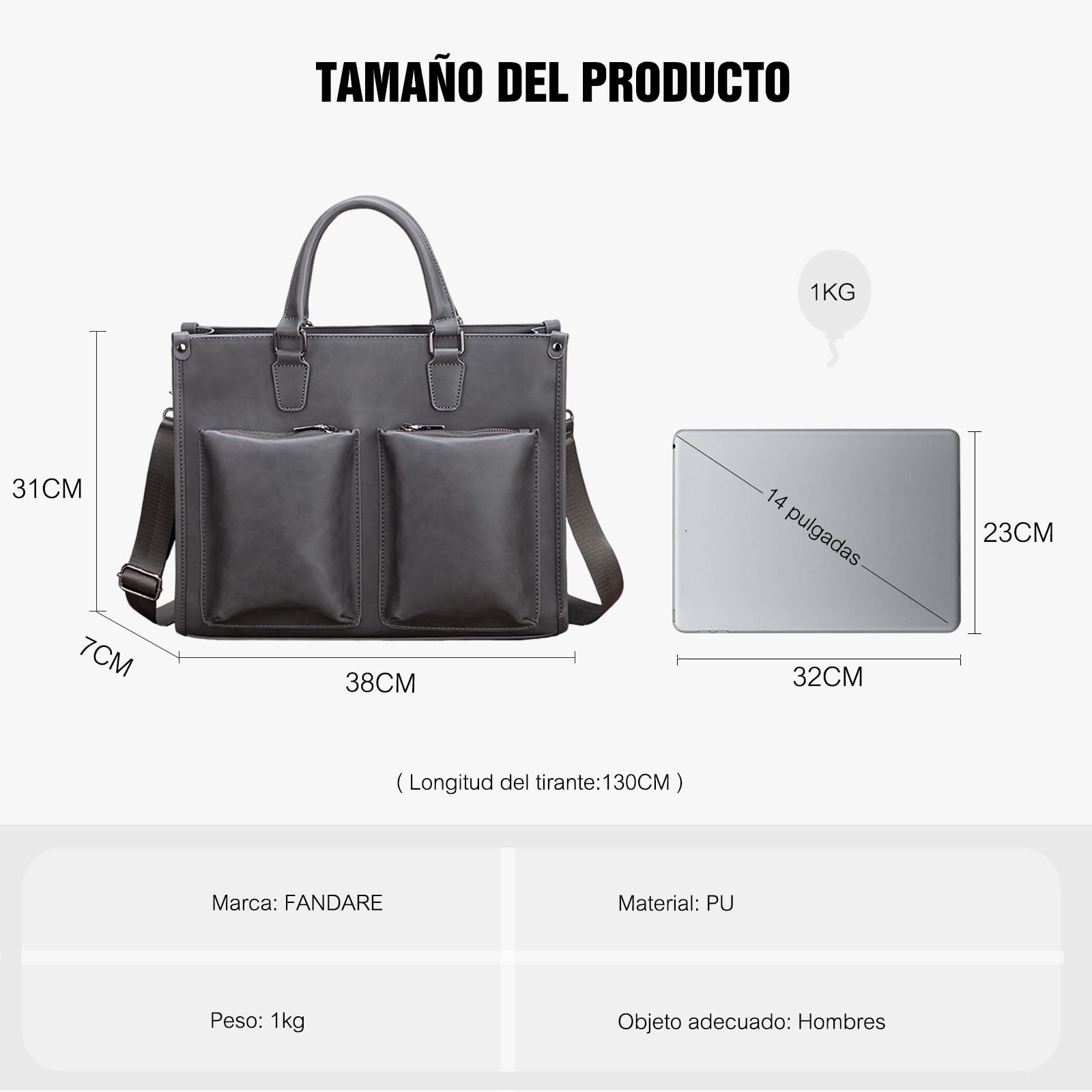 FANDARE Maletín Hombre Mate Cuero PU Cartera Maletín Ligero Bolso Portátil
