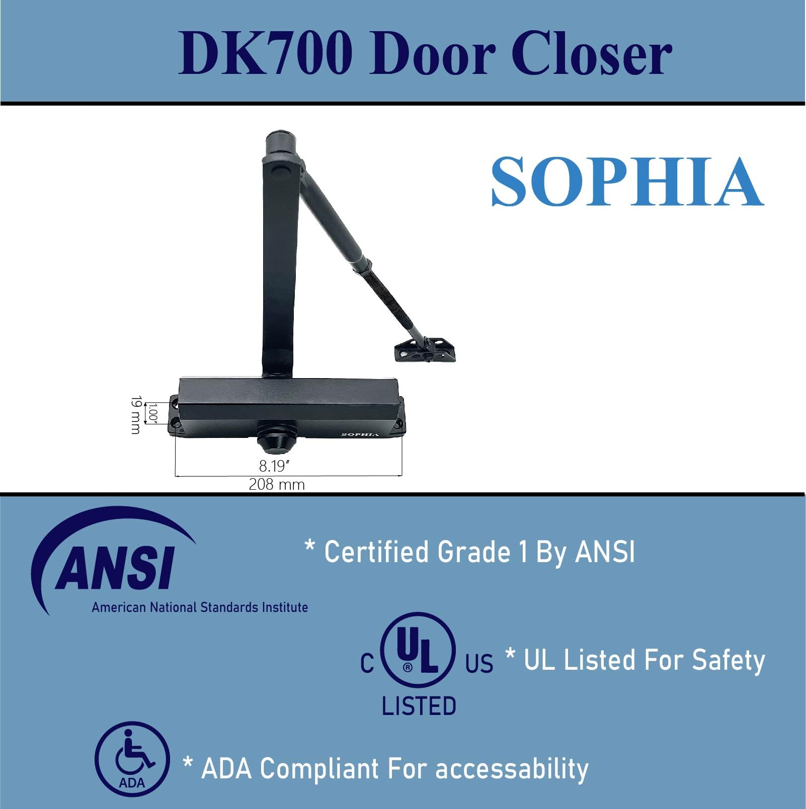 SOPHIA Commercial Door Closer Grade 2, Automatic Door Closer DK700 with