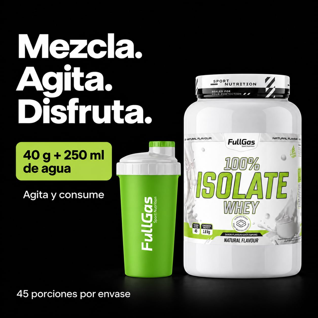 FullGas 100% Isolate Whey Proteína de Suero Aislada Neutro Sin Gluten Apta para Vegetarianos 1,8kg