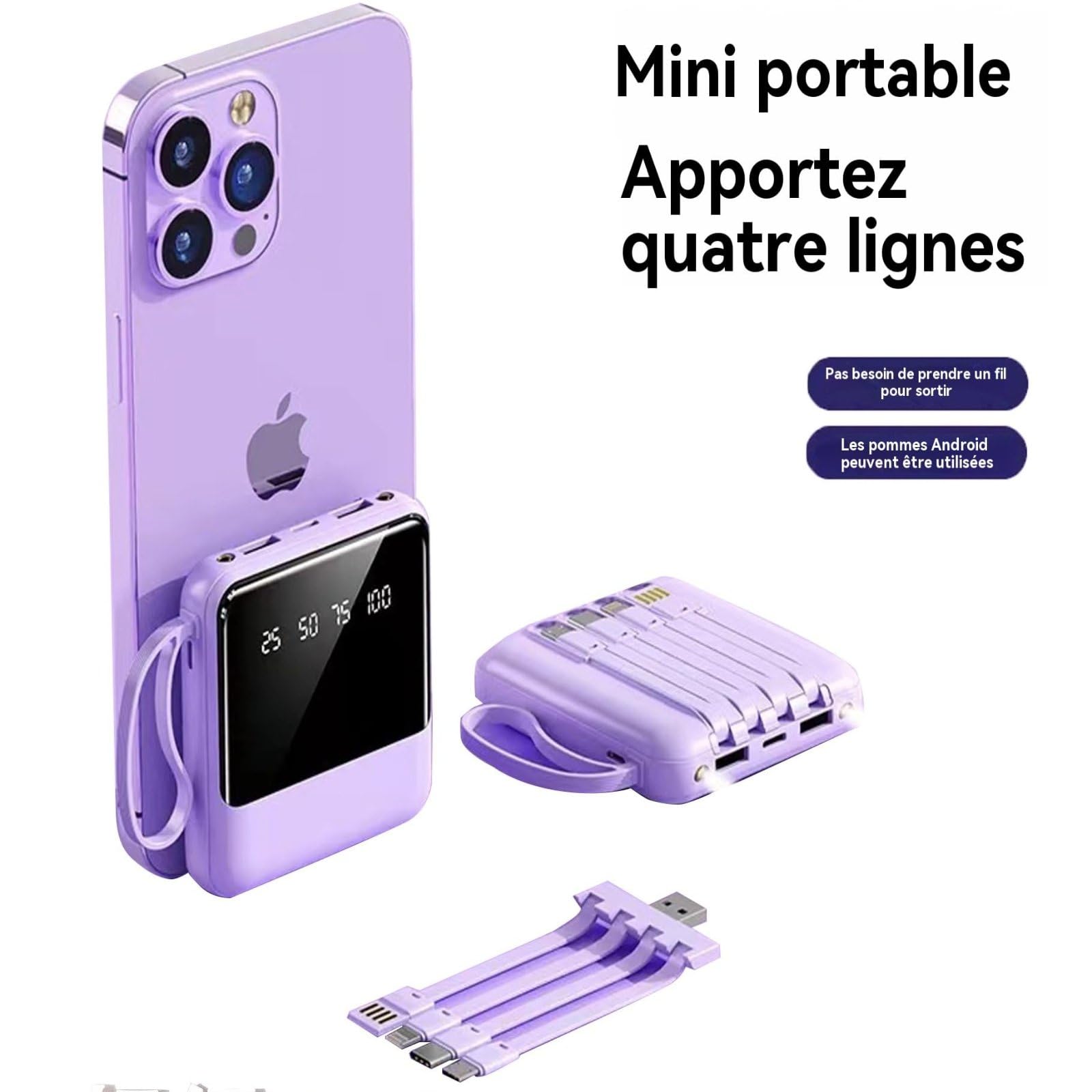 Batería Externa Gran Capacidad 20000Mah 5V 2A con Pantalla LED Power Bank Mini Batería Portátil Compacta 4 Salidas Y 3 Entradas Compatible con Teléfonos Móviles Y Tabletas,Púrpura