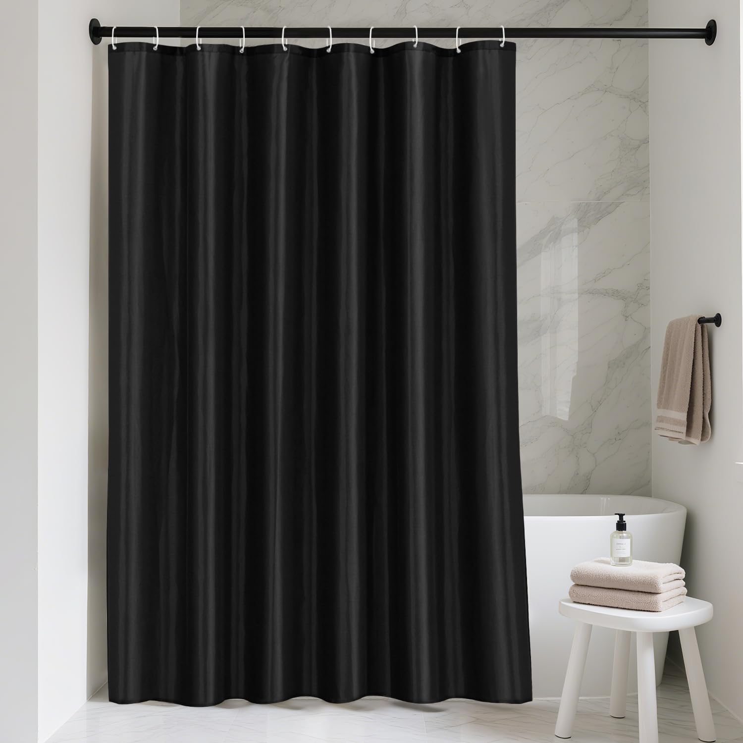 LUKDUNG 150 x 200 cm Polyester Textile Shower Curtain Anti-Mould for Bathroom Curtain for Bathtub Shower Made of Fabric Waterproof Washable Shower Curtain with 10 Hooks Black