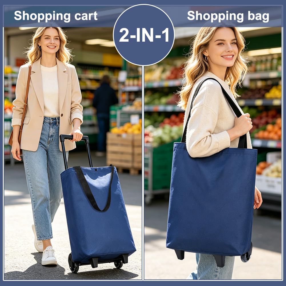 Trolly Wózek na zakupy, składany, duża torba na zakupy na kółkach, 30 l, na kemping, podróże, z zamkiem błyskawicznym, wodoszczelny, niebieski