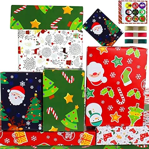 Kids Christmas Wrapping Paper Children Christmas Gift Wrap Xmas Wrapping Paper for Girl Boy,Christmas Gift Wrapping Paper Set,Red Green Deer Santa Christmas Paper Present Wrap,Christmas Rapping paper Cover