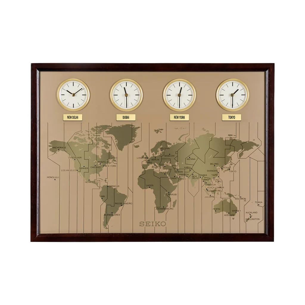Seiko World Time Quartz Wall Clock With 23 Cities & 4 Times Qxa722b Brown