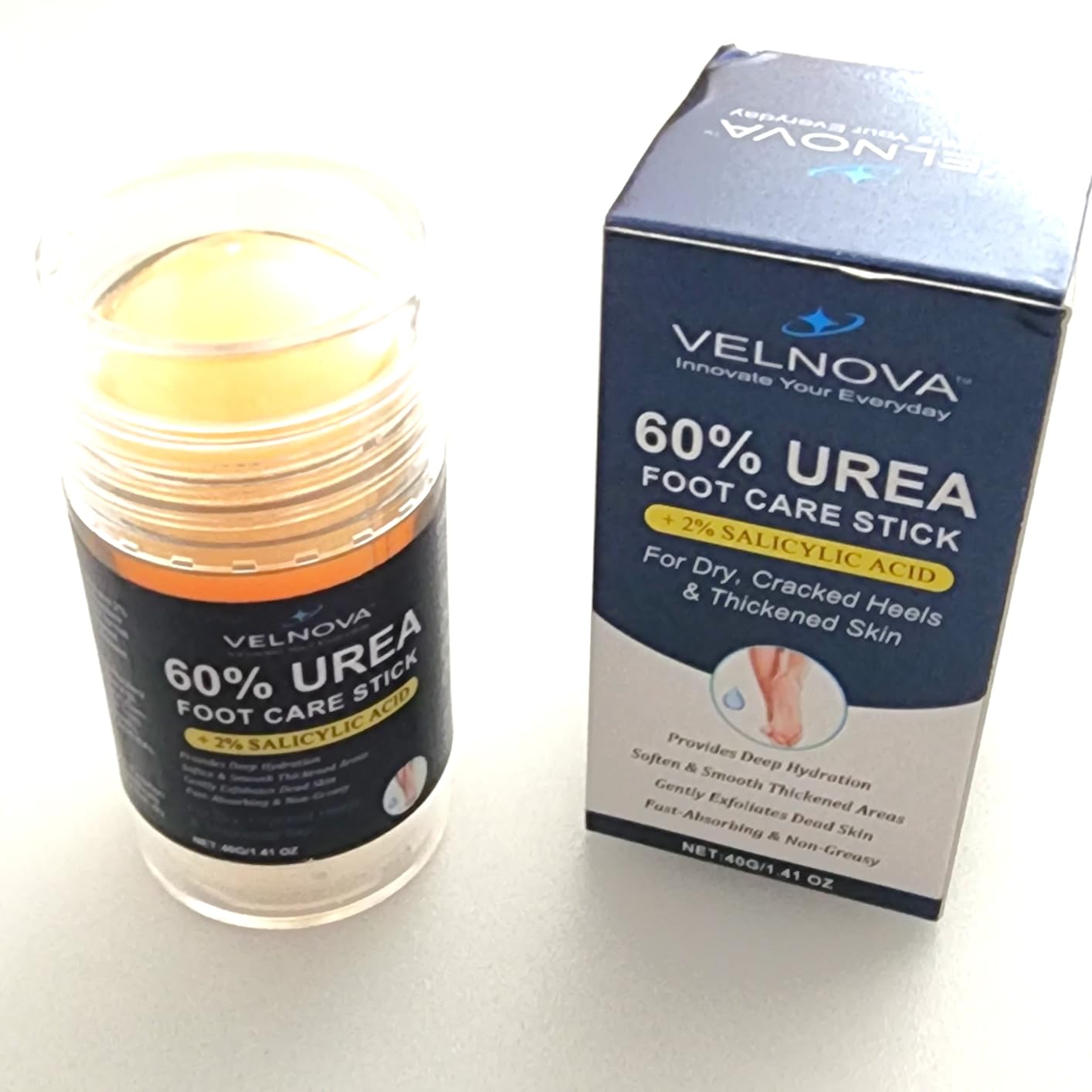 VELNOVA 60% Urea Foot Care Stick with 2% Salicylic Acid – Maximum Strength Callus Remover & Foot Cream for Dry Cracked Heels – Exfoliating Moisturizer, Non-Greasy – 1.41 oz