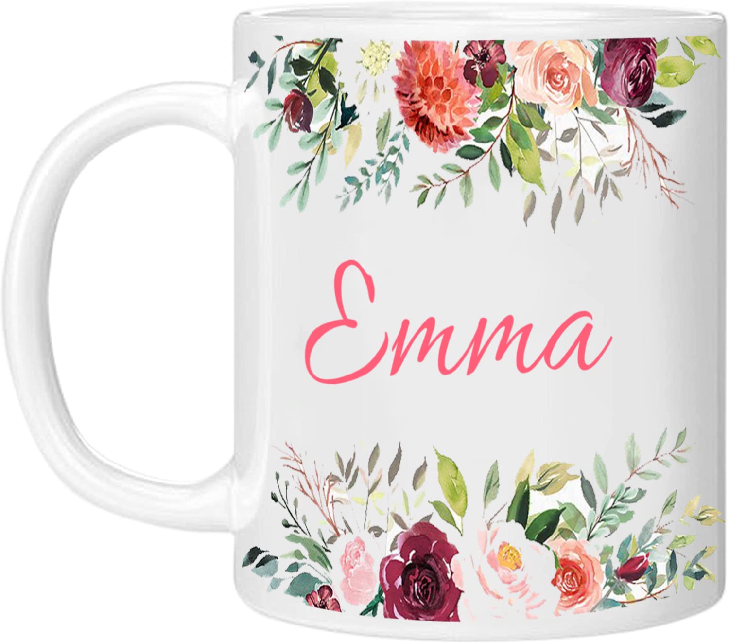 EKAM Personalised Floral Mug with Name, Customised Gift for Mum, Dad, Kids and Girls, Tea Coffee Mug (11oz)