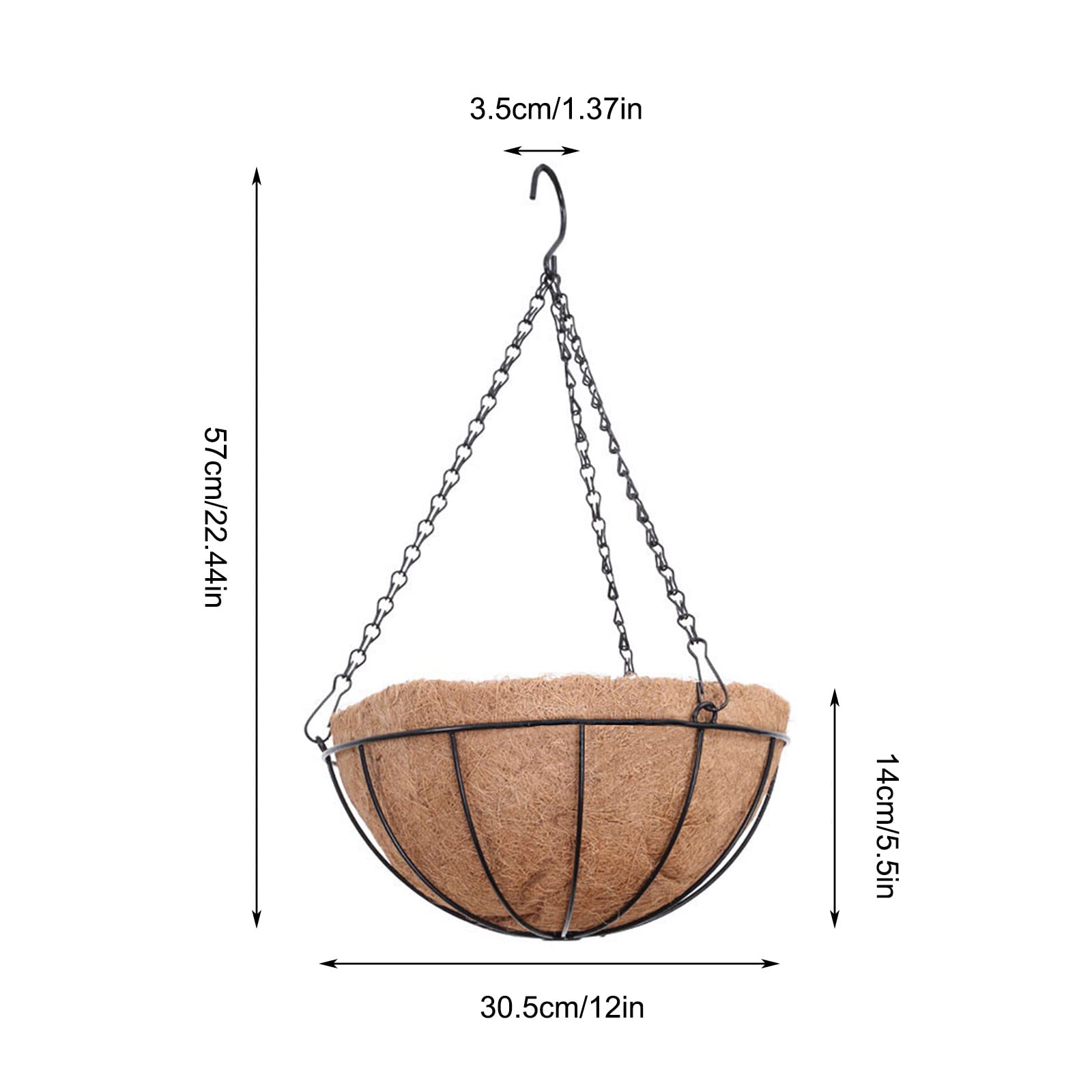 hifrom Cesto da giardino sospeso con rivestimento in fibra di cocco, cesto per piante e fiori, rotondo da appendere, in metallo, per esterni e interni (30,5 cm)