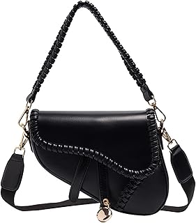Stylish Saddle Shoulder Bag For Women,Casual Underarm Clutch Purse,Braided Handbag Satchel,PU Leather Crossbody Bag (Black)