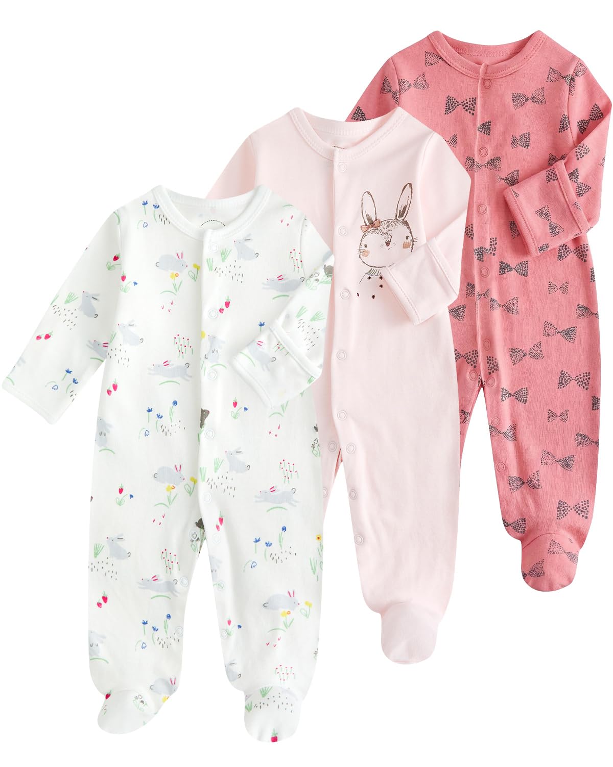 JiAmy Baby Strampler 3er-Pack Neugeborene Baumwolle Langarm Overall mit Füßen Jumpsuit Bekleidung für Baby Junge Mädchen 0-12 Monate