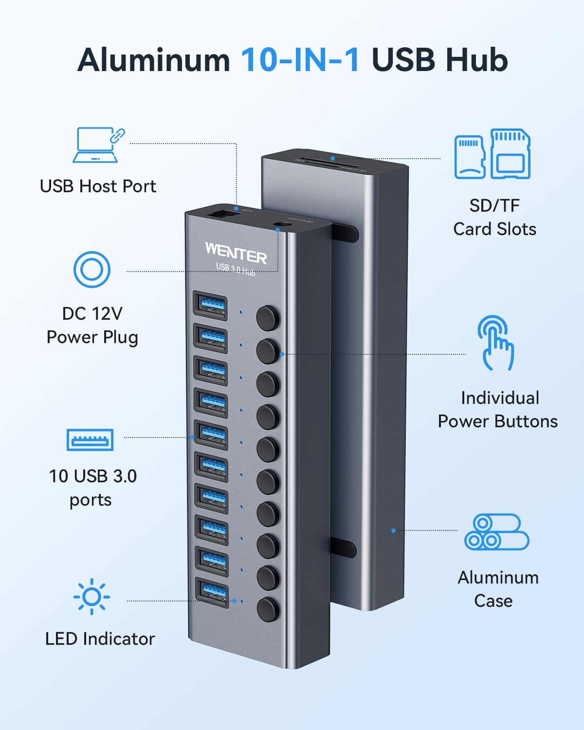 Hub USB 3.0 alimentato, Wenter 10 porte USB Hub Splitter con singoli interruttori LED On/Off