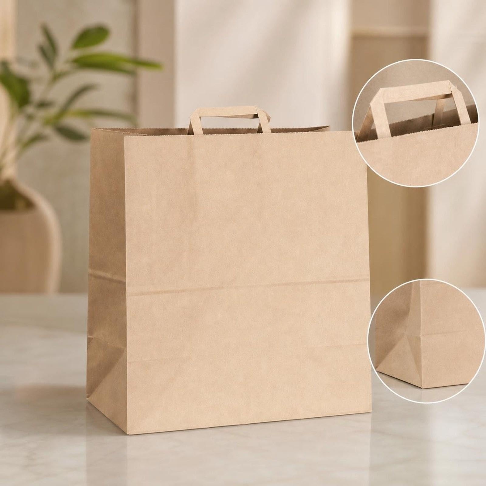 50 Pièces Sacs Shopping Papier Fond Plat Sacs Courses Papier Plates Réutilisables pour Boutiques Emballage Repas à Emporter Mariages, 39 X 36 X 19 Cm