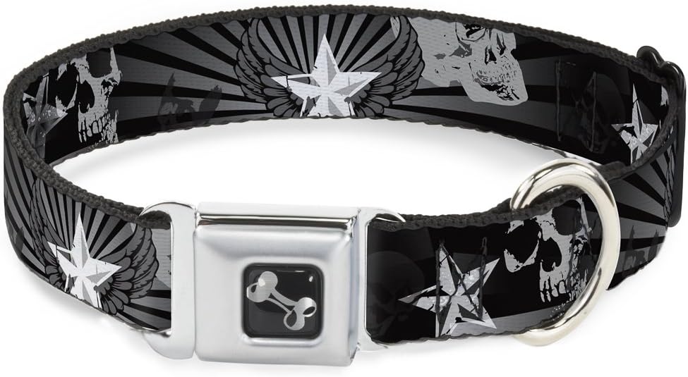 Buckle-Down Seatbelt Buckle Dog Collar - Die Hard Skulls & Stars1 Black/Grays - 1.5" Wide - Fits 16-23" Neck - Medium