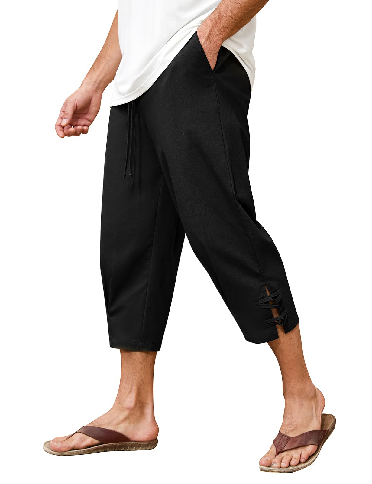 Short 3/4 en Lin pour Homme Pantacourt été Baggy être en Jachère Short de Plage Cordon élastique à la Taille Lin Homme Bermuda avec Poches