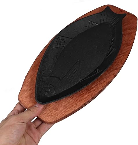 Miniatura 4 de Angoily Sartenes de hierro fundido, plato chisporroteador, sartén pequeña para pescado con base de madera para restaurante, cocina, parrilla,