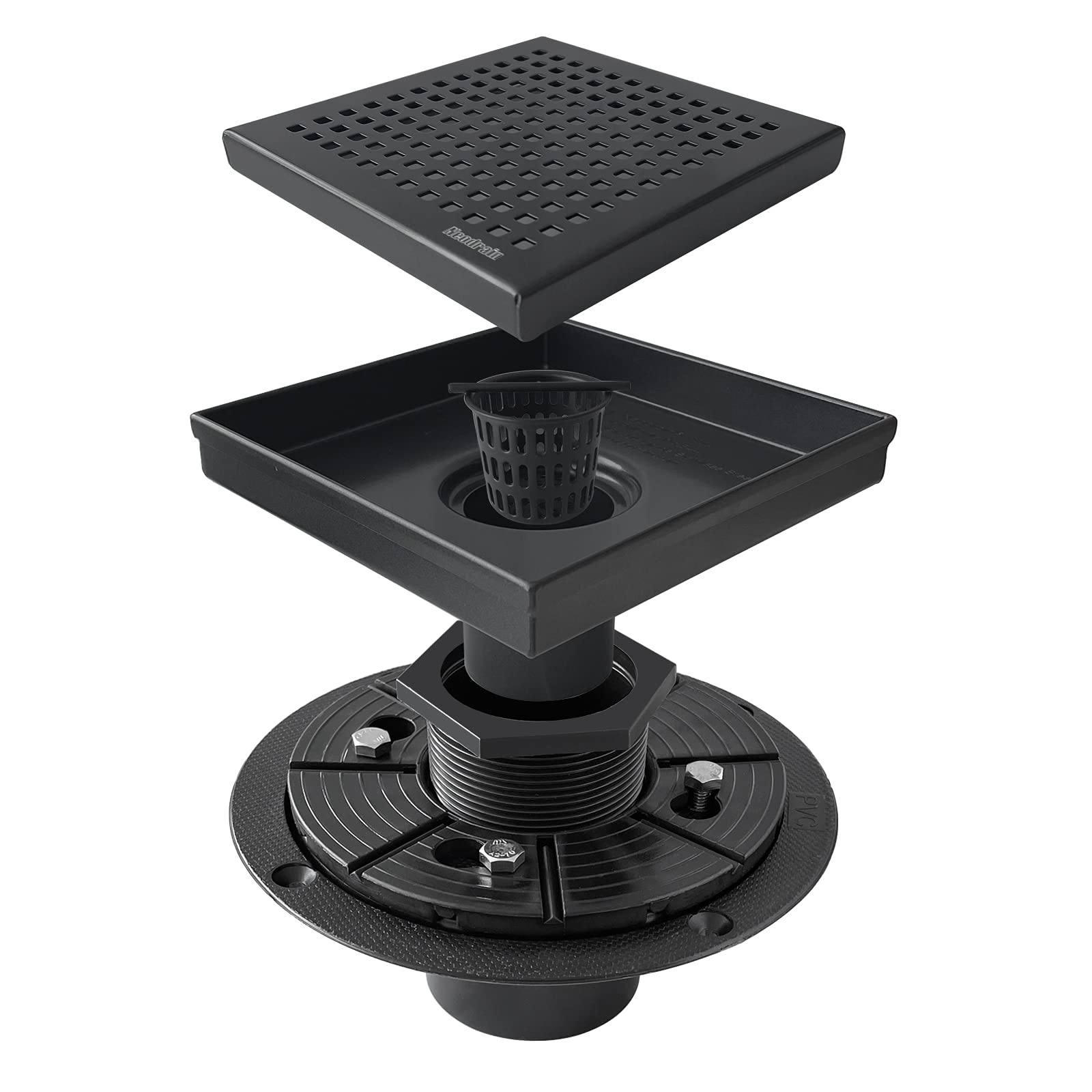 Neodrain Quadratischer Duschablauf mit abnehmbarem Quadrato-Muster, 15,2 cm, 304 Edelstahl, inklusive Duschablauf-Basis, Haarsieb, Schwarz