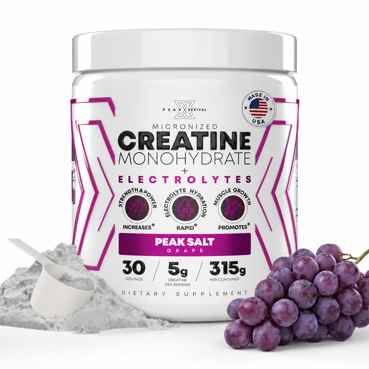 Peak Revival-X Creatina monohidratada micronizada 5 g + sais para hidratação sabor uva, 30 porções