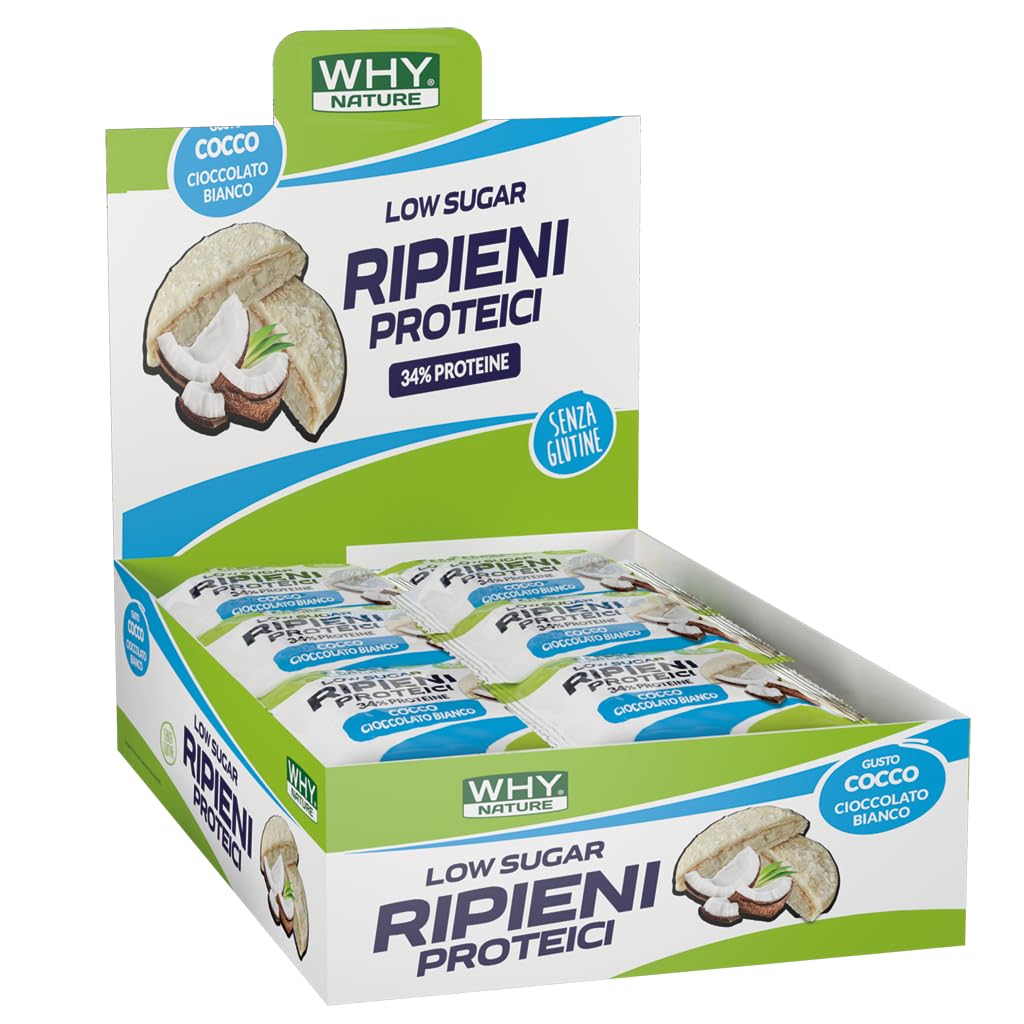 WHY NATURE RIPIENI PROTEICI - Biscotti Proteici Ripieni Di Crema Proteica - Biscotti Monoporzione Senza Glutine - Gusto Cocco e Cioccolato Bianco - Box da 40 Pezzi - 17 gr