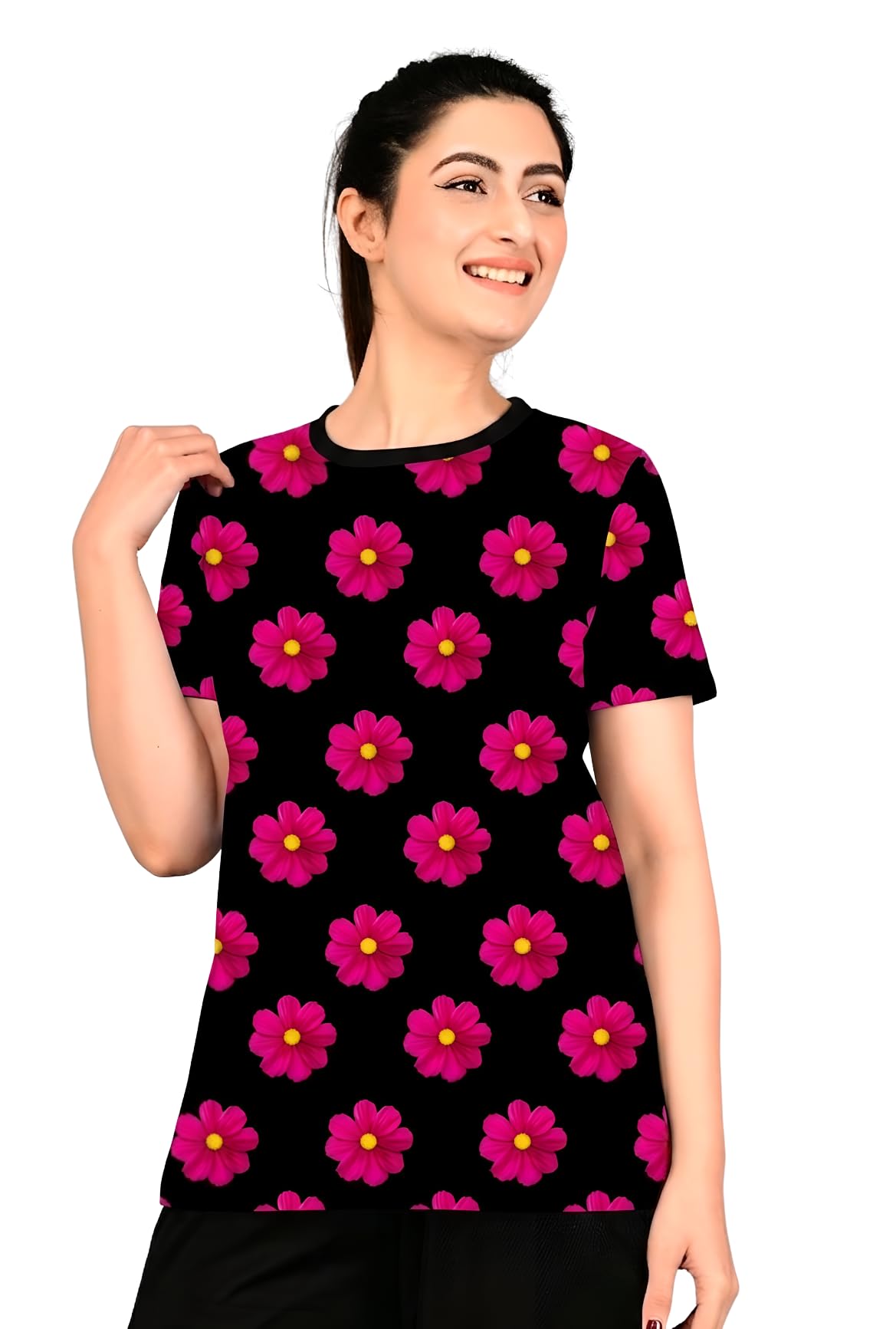 Women's Floral Print T-Shirt and Capri Set, Black with Pink Flower Pattern, Short Sleeve Swimsuit-image-15