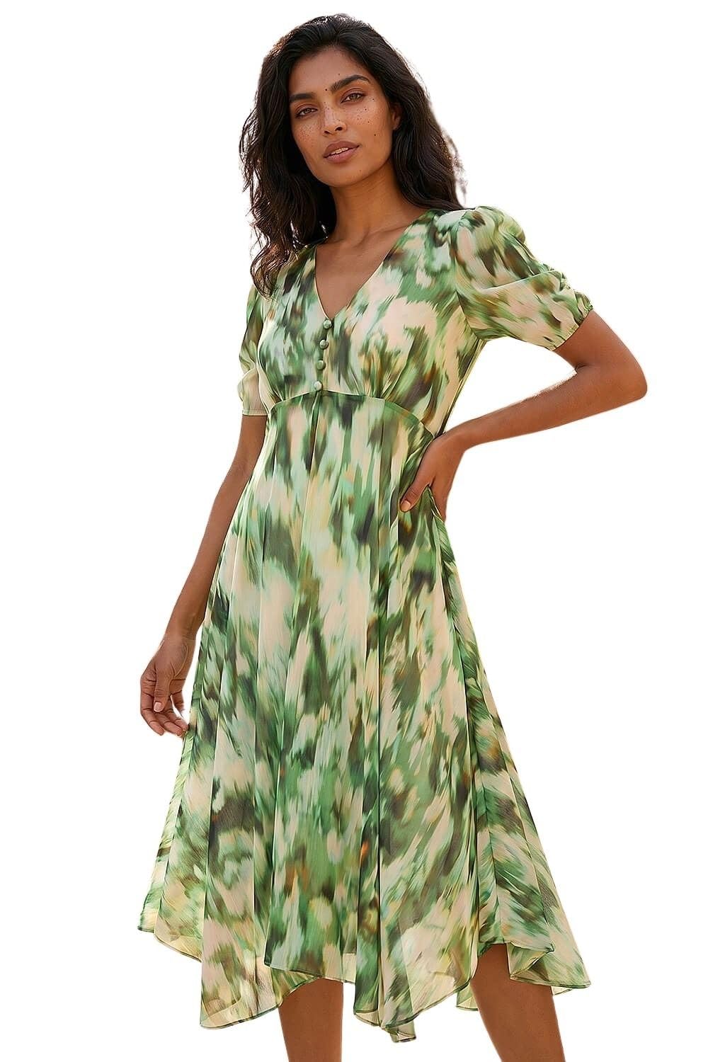Roman Women's Green Abstract Chiffon Hanky Hem Asymmetric Dress