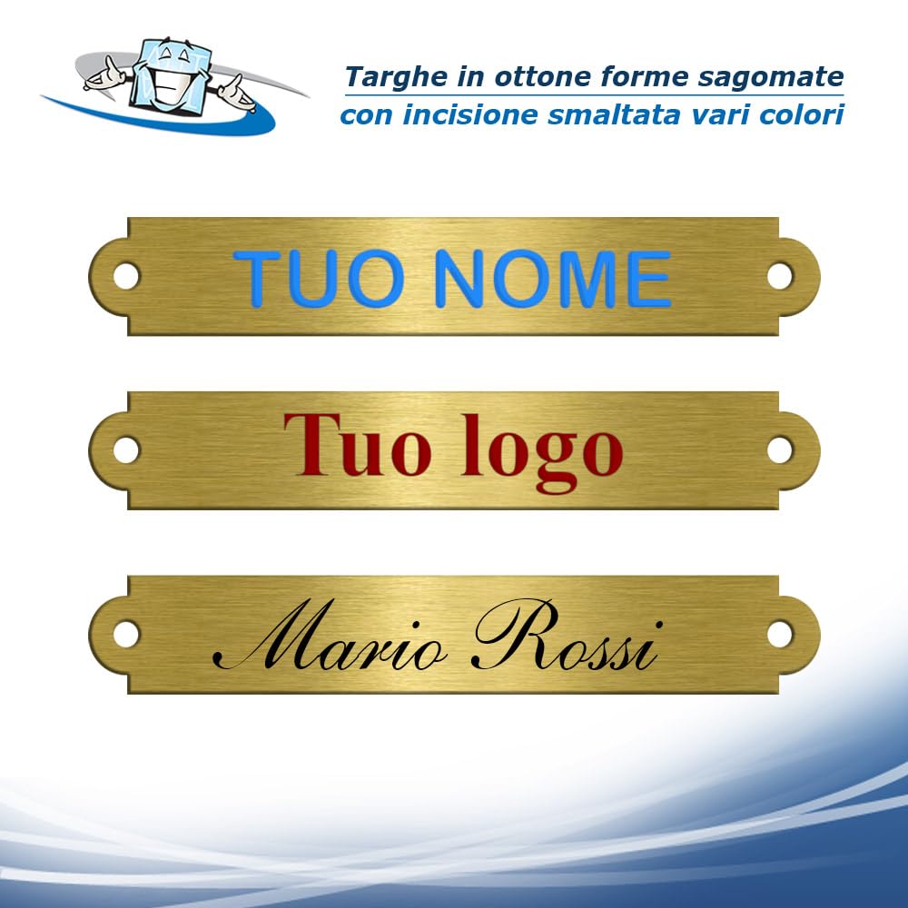Targhe in ottone 1,5 mm anche sagomate personalizzate con incisione smaltata a più colori