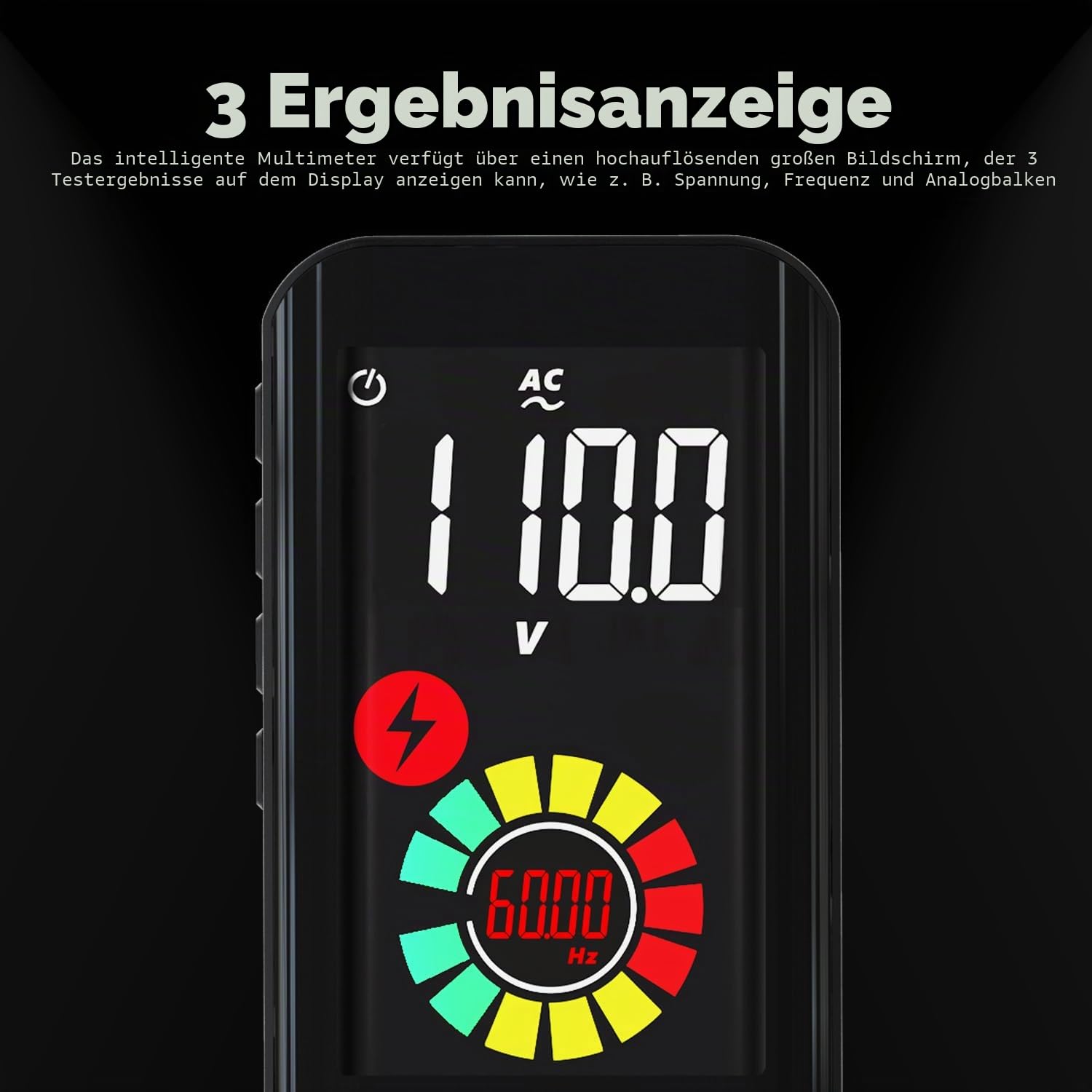 BSIDE Digitales Multimeter, wiederaufladbar mit Farb-LCD, 3 Ergebnissanzeige, 9999 Zählungen, Taschenmesser, Kapazitätsdiode, Ohm, Hz, Einschaltdauer, V-Alert, Live-Check, Spannungsprüfer, Schwarz