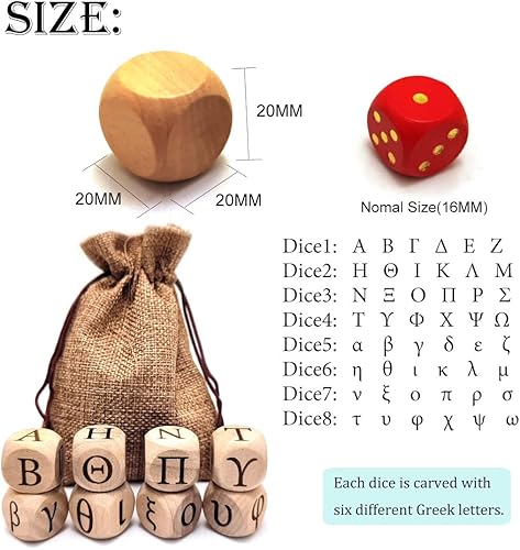 Miniatura 3 de Juego de dados de madera del alfabeto griego, 24 letras griegas talladas, cubos rodantes para juegos de fiesta de enseñanza (minúscula+mayúscula, 8
