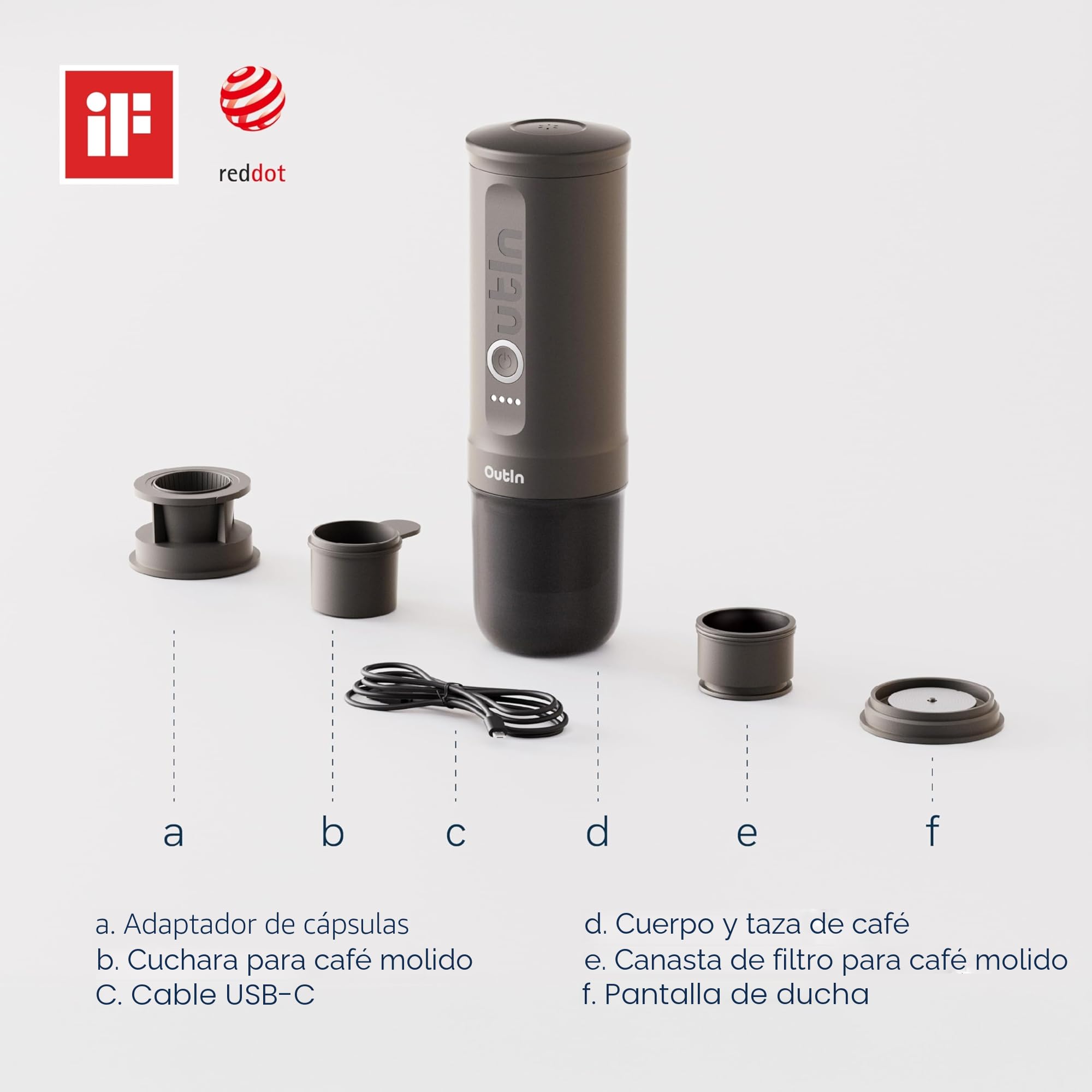 OutIn Nano Cafetera Espresso Eléctrica Portátil, Cafetera de Viaje para Camping, Cafetera de Coche Autocalentable con USB-C, Con Café Molido y Cápsula NS para RV, Senderismo, Oficina