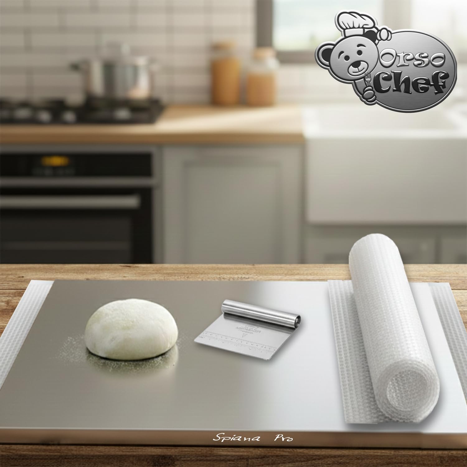 Spianatoia per impastare in Acciaio Inox 100 x 50 – Piano da Lavoro Professionale per Cucina, Pizzeria e Ristorante – Tagliere Pane, Pizza, Focaccia e Pasta – SET con tappetino antiscivolo e spatola