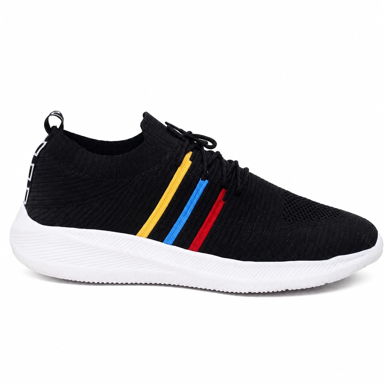 Black Knit Sneakers with Multicolour Stripe Detail, Lace-Up-image-30