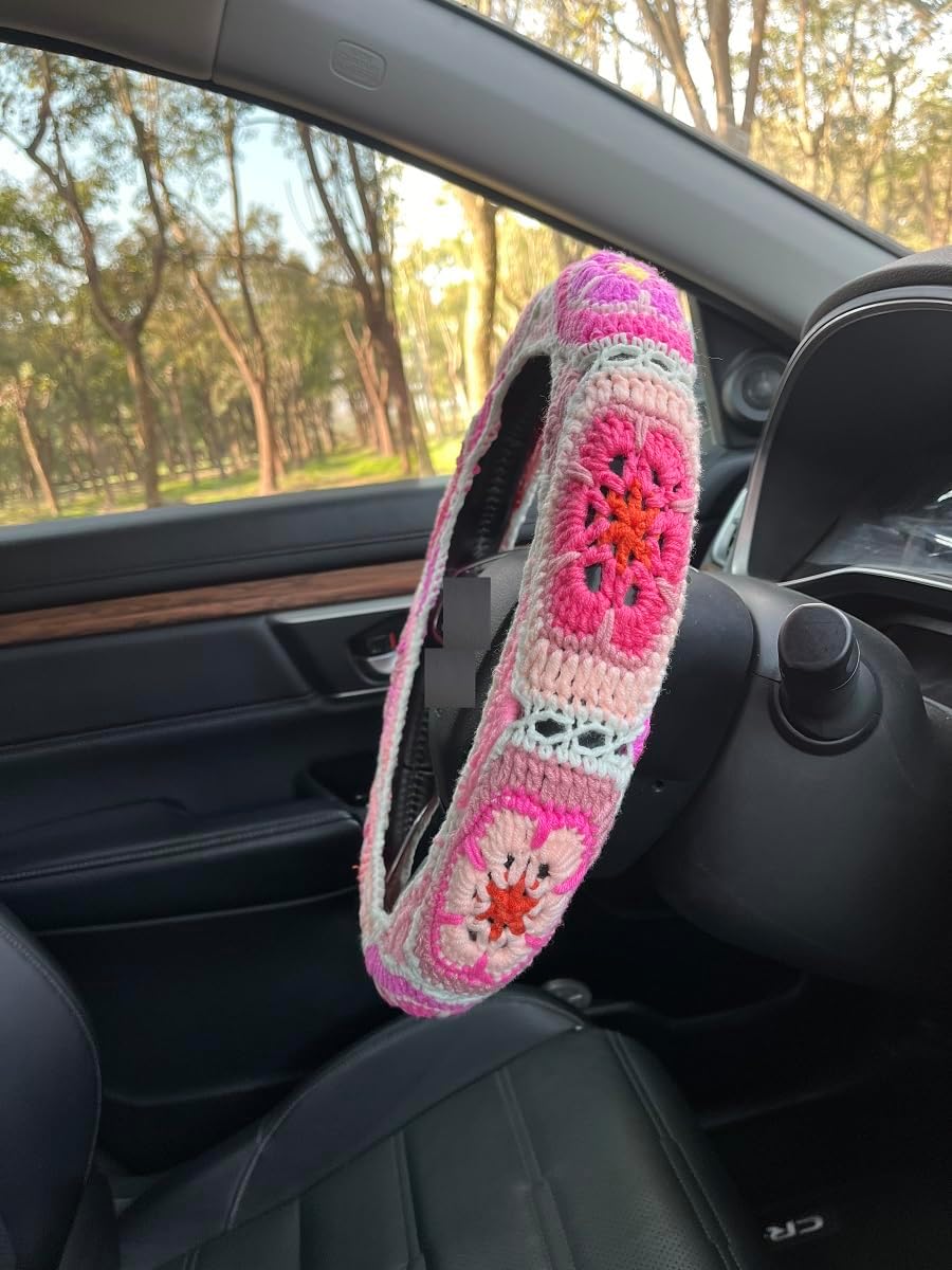 Crochet Galsang Flower Car Steering Wheel Covers,Car Interior Accessories Decorations (Pink:Wheel Cover)
