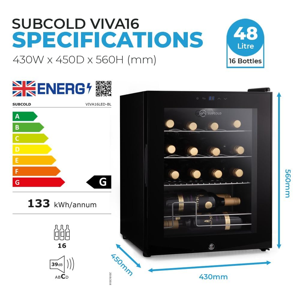Subcold Viva16 LED – Table-Top Wine Fridge Black | 3-18°C | Wine Cooler | LED + Lock & Key | Glass Door Drinks Cellar | Single-Zone (16 Bottle) — view 4