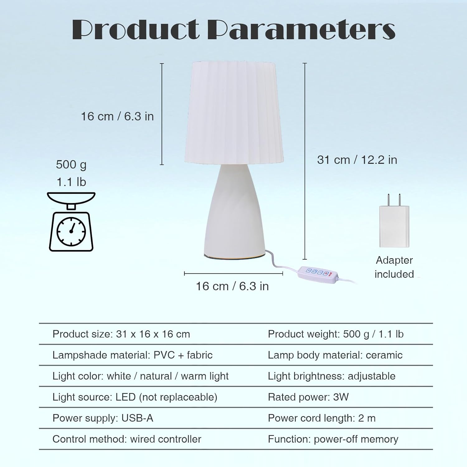 Cute Stylish Small Night Lamp, Pleated Fabric Lampshade, Ceramic Body, Adjustable Light Color and Brightness with Power-Off Memory, Safe USB Powered, LED Bedside Light (White)