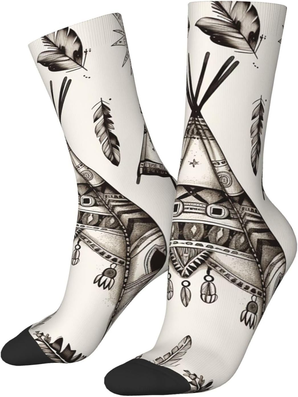 Feather Head Band Teepee Tent Crew Socks for Men Women Moisture Wicking Cushion Athletic Sock Casual Novelty Socks Gift
