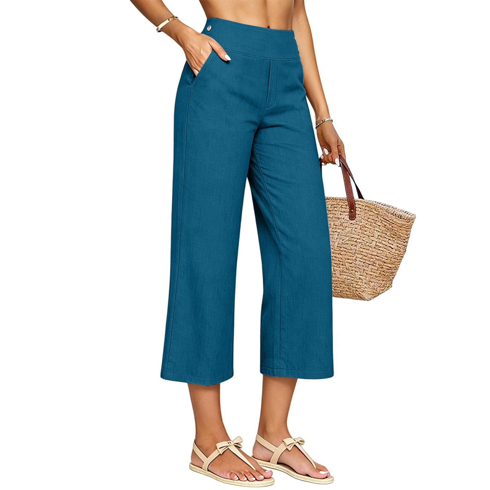 Pantacourt Femme Été Grande Taille Pantalon 3/4 Femme Taille Élastique Pantalon De Jogging Léger Pour Femmes Corsaire Sport De Couleur Unie Pants Stretch Confort Pantalons Loisirs Avec Poche Pour Yoga