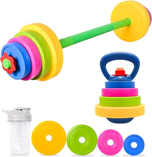 3-in-1 Kids Fitness Set with Adjustable Barbell, Kettlebell & Reusable