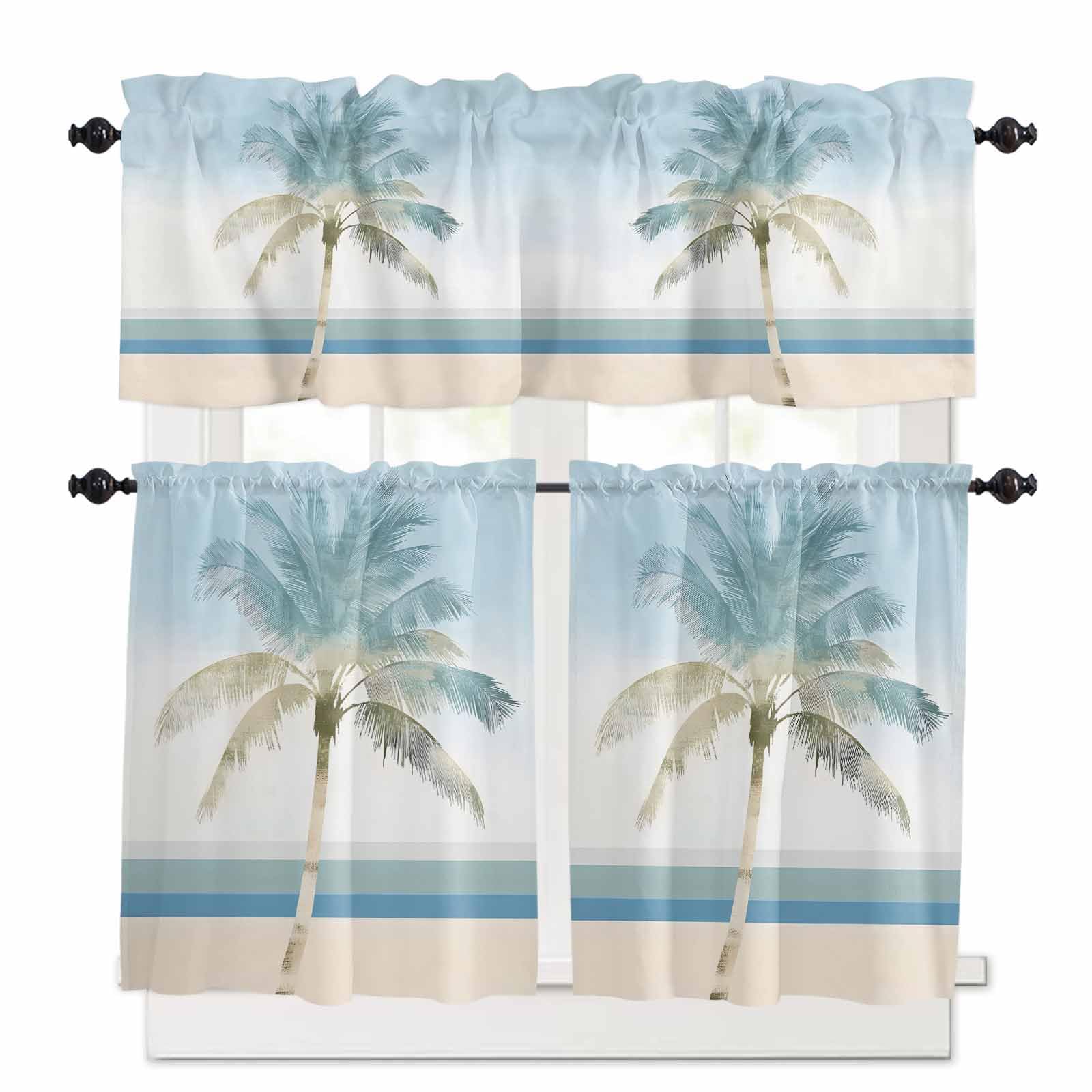 Summer Coast Palm Trees Kitchen Curtains 36 Inch Length, 3 Piece Rod Pocket Small Half Tiers and Valance Set, Blue Sky Watercolor Beach Small Large Window Treatment Decor for Bedroom/Bathroom Sink