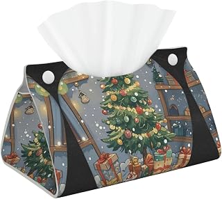 Decorative Tissue Box Cover Christmas Tree and Gifts Tissue Box Holder Aesthetic Leather Storage Organizer Box for Bathroom Vanity Tabletop Night Stands Office Funny Home Decorative Tissue Case