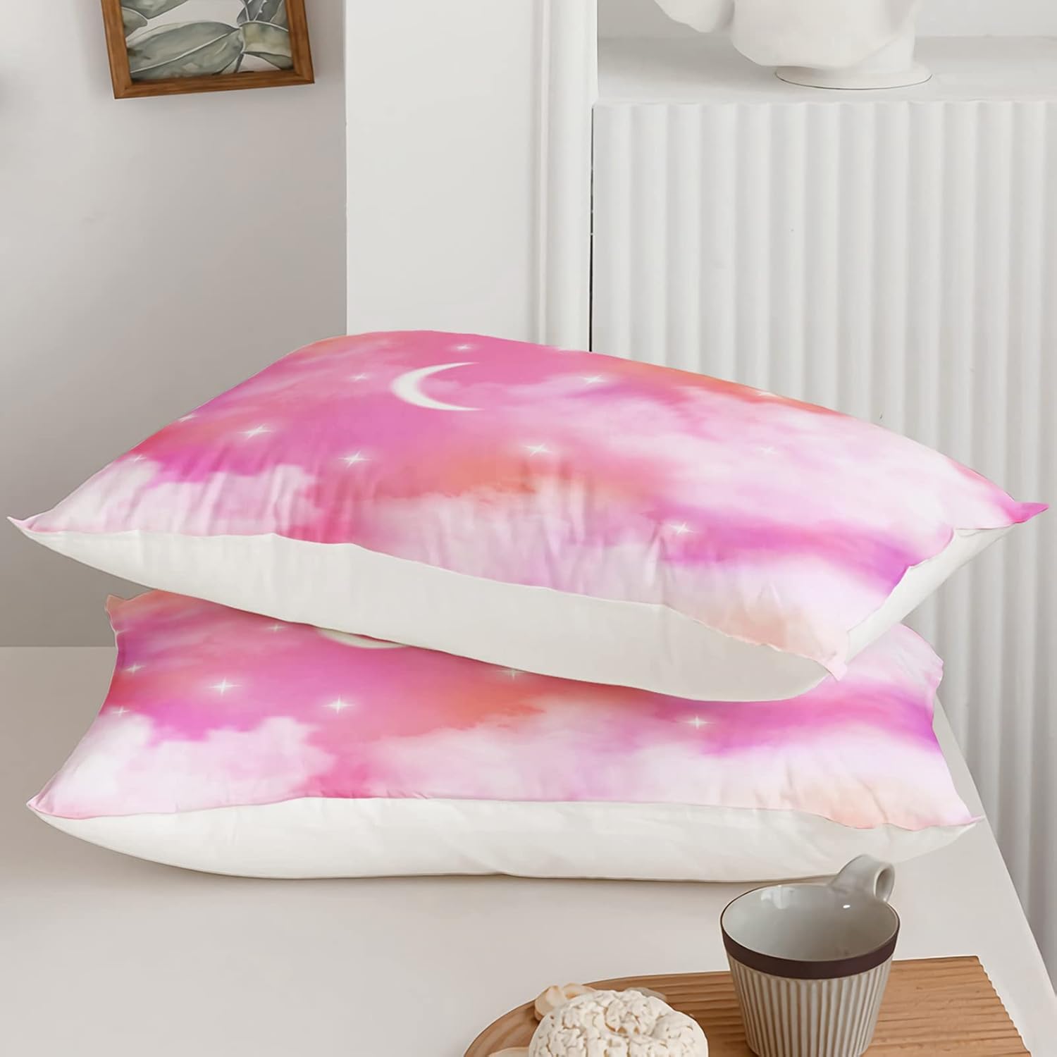 BailiPromise Rainbow Sheets Sets Queen Size 4pcs, Blue Sky Moon and White Cloud Star Sky Printed Bed for Teens Girls Soft Bedding Queen Full Size Flat Sheet & Fitted Sheets with 2 Pillowcases