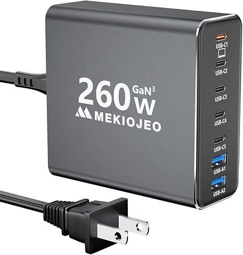Aleación de aluminio 260W USB C Cargador GaN Fast USB C Estación de carga 7 puertos 65W Cargador portátil para MacBook ProAiriPad ProiPhone (gris)