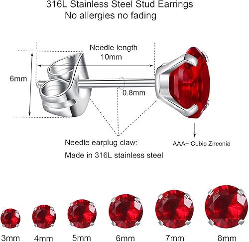 Miniatura 2 de Juego de 6 pares de aretes tipo dormilona hipoalergénicos con circonita cúbica de acero inoxidable 316L, 0.118-0.315 in