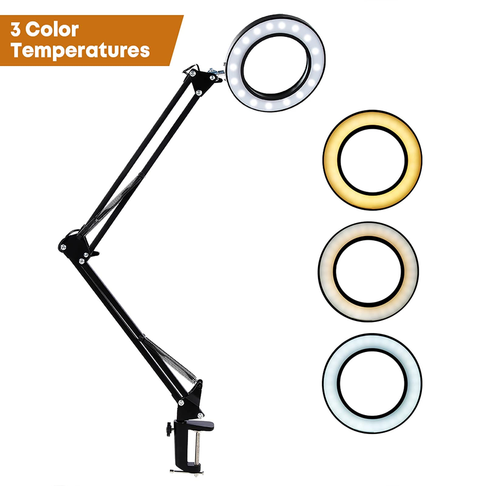 Lámpara de aumento LED con abrazadera, 1,500 lúmenes, regulable sin escalonamientos, 3 modos de color, brazo giratorio ajustable, luz de lupa iluminada para lectura, manualidades, trabajo cercano, 8 a