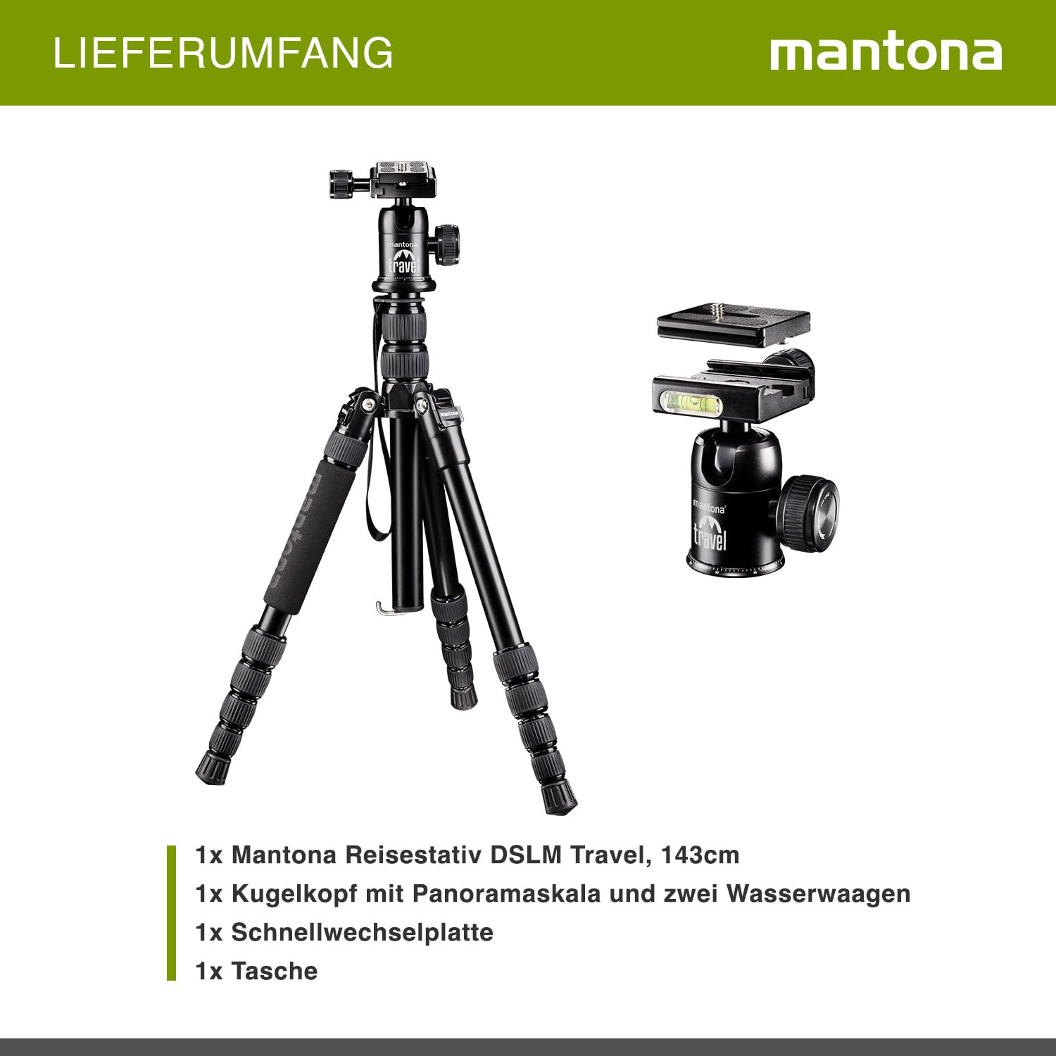 Mantona Statyw podróżny DSLM (z głowicą kulową, nośność do 5 kg, obrotowa kolumna środkowa, kompaktowe wymiary, uchwyt statywu) do kamer systemowych, lustrzanek cyfrowych i aparatów kompaktowych