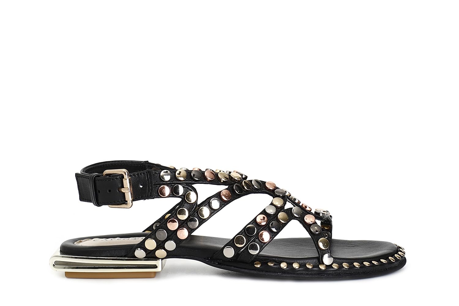 CAFèNOIR - Sandalias Mujer Planas de Piel con Tachuelas Multicolor, Sandalias de Verano Mujer Diseño Asimétrico Glamour, Tacón 2 cm, Forro y Plantilla Piel
