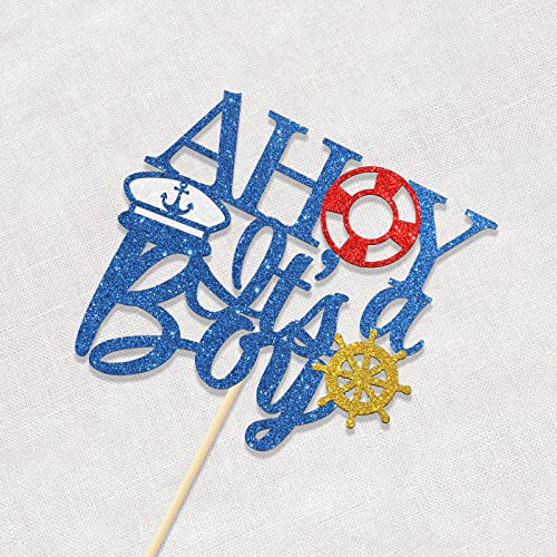 Ahoy It's A Boy Cake Topper, Nautical Theme Gender Reveal Party Decorations, Hello Baby Boy - Welcome Baby Boy Sign Cake Decors, Glittery Navy Blue Baby First Birthday Supplies #TOP2